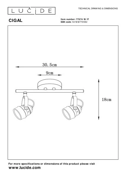 Lucide CIGAL - Ceiling spotlight - LED - GU10 - 2x5W 2700K - Copper - technical